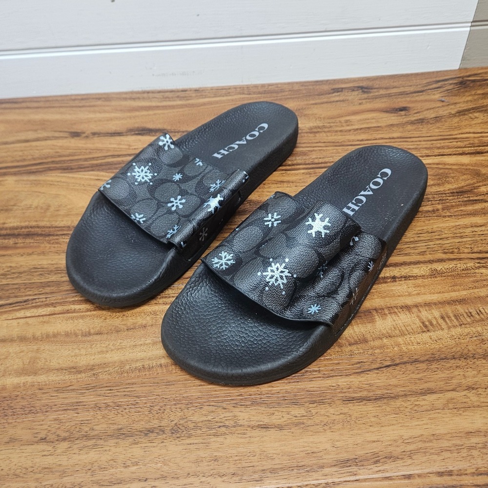 Coach Womens Signature Snowflake Slide Sandals Black Charcoal Size 11B